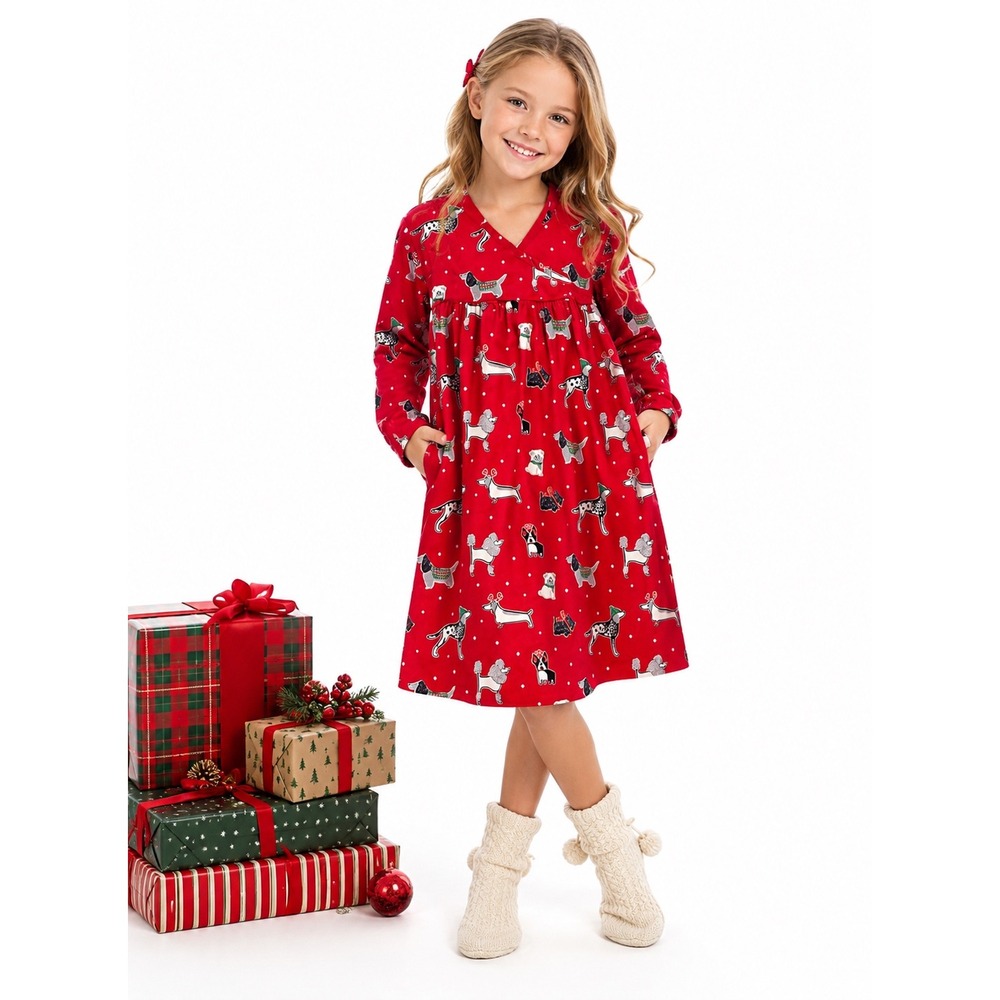 The Company Store Girls Dog Print Pajama Nightgown Flannel Size 7/8 Red Cotton